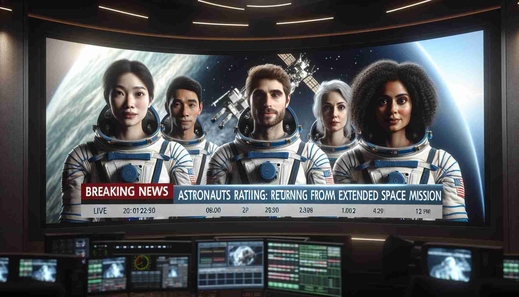 Highly realistic high-definition image of a breaking news scene featuring a live broadcast. The ticker at the bottom of the screen reads: 'Breaking News: Astronauts Returning from Extended Space Mission'. On the screen, an image-in-image segment shows a diverse crew of individuals in space suits. This crew includes a Caucasian female astronaut looking relieved, a Hispanic male astronaut expressing excitement, and a South Asian female astronaut with an air of confidence. The backdrop displays the vast outer space, with a returning spacecraft slightly visible.