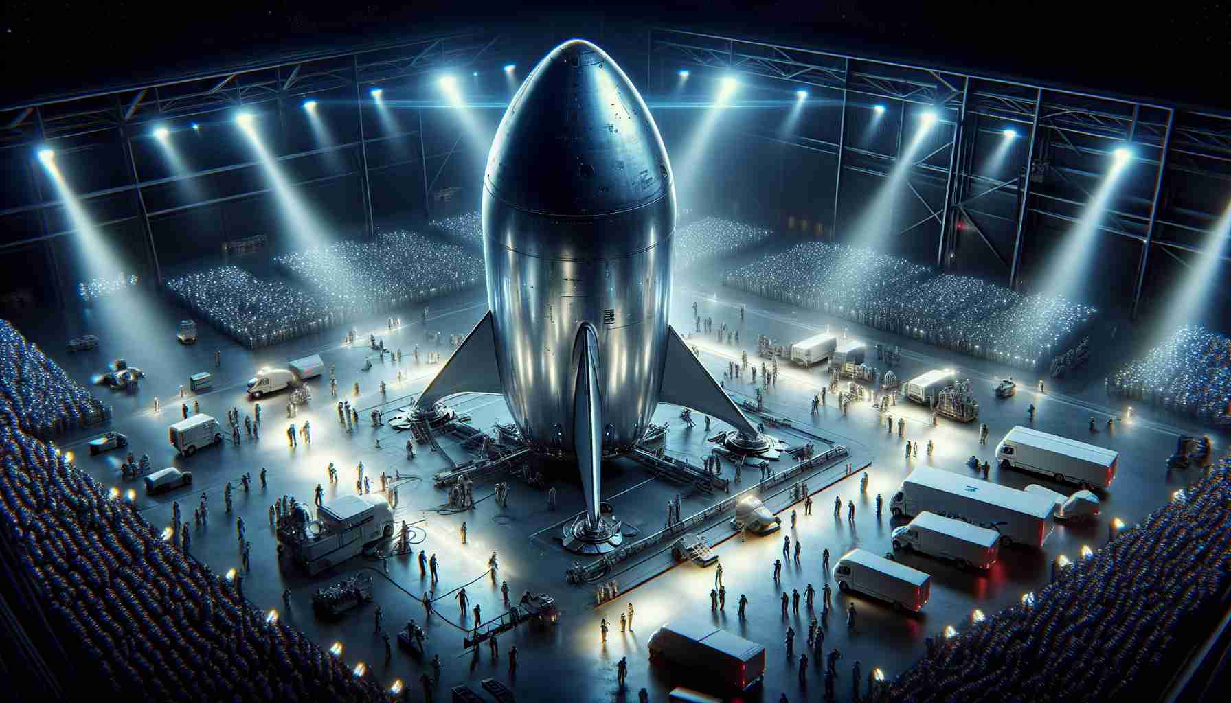 High-definition, realistic image showcasing the preparing process of SpaceX Starship for a launch on Sunday, emphasizing its futuristic design and the bustling preparations by professionals on the ground.