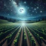 Create a realistic high-definition image of a star-studded night sky, complete with the bright glowing moon casting light on sprawling vineyards below. The vineyards should be expansive with verdant grapevines trellised in rows, their leaves shimmering under the moonlight. The viewing perspective should be a blend of observation and participation, as if one is about to embark on an adventure through these moonlit vineyards under the celestial spectacle.