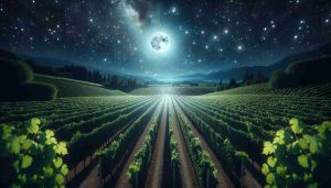 Create a realistic high-definition image of a star-studded night sky, complete with the bright glowing moon casting light on sprawling vineyards below. The vineyards should be expansive with verdant grapevines trellised in rows, their leaves shimmering under the moonlight. The viewing perspective should be a blend of observation and participation, as if one is about to embark on an adventure through these moonlit vineyards under the celestial spectacle.