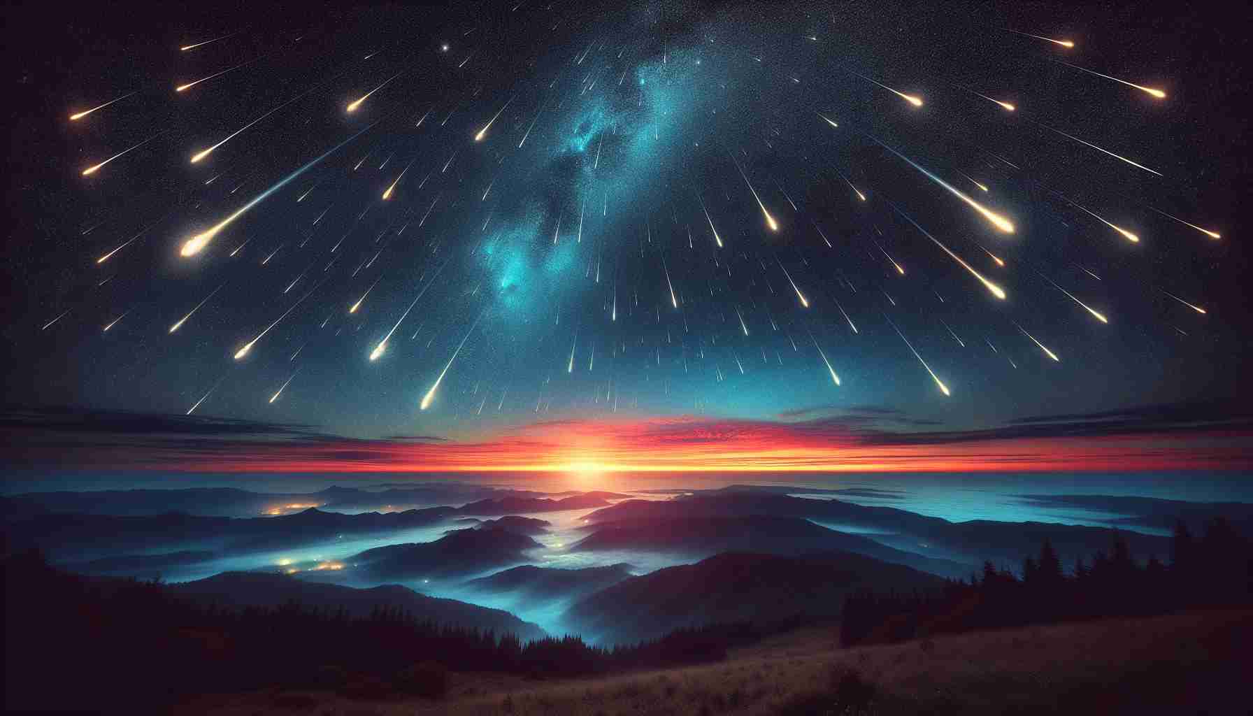 High definition, realistic image of a breathtaking phenomenon: the onset of dawn with the early morning sky decorated by vibrant meteor showers. The landscape below is cloaked in shades of twilight as delicate streaks of light emanate from the meteors, piercing the vast night sky. The meteors are numerous, their trails glowing luminously against the dark canvas of the cosmos, heralding the arrival of a new day.