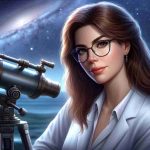 Realistic HD image of a woman, Diana, who is a pioneer in the field of astronomy communication. Diana is Caucasian with long brown hair and glasses, she is seen holding a telescope with a backdrop of a starry night sky. She is wearing a white lab coat signifying her profession. She has a confident expression on her face, highlighting her commanding presence in the field.