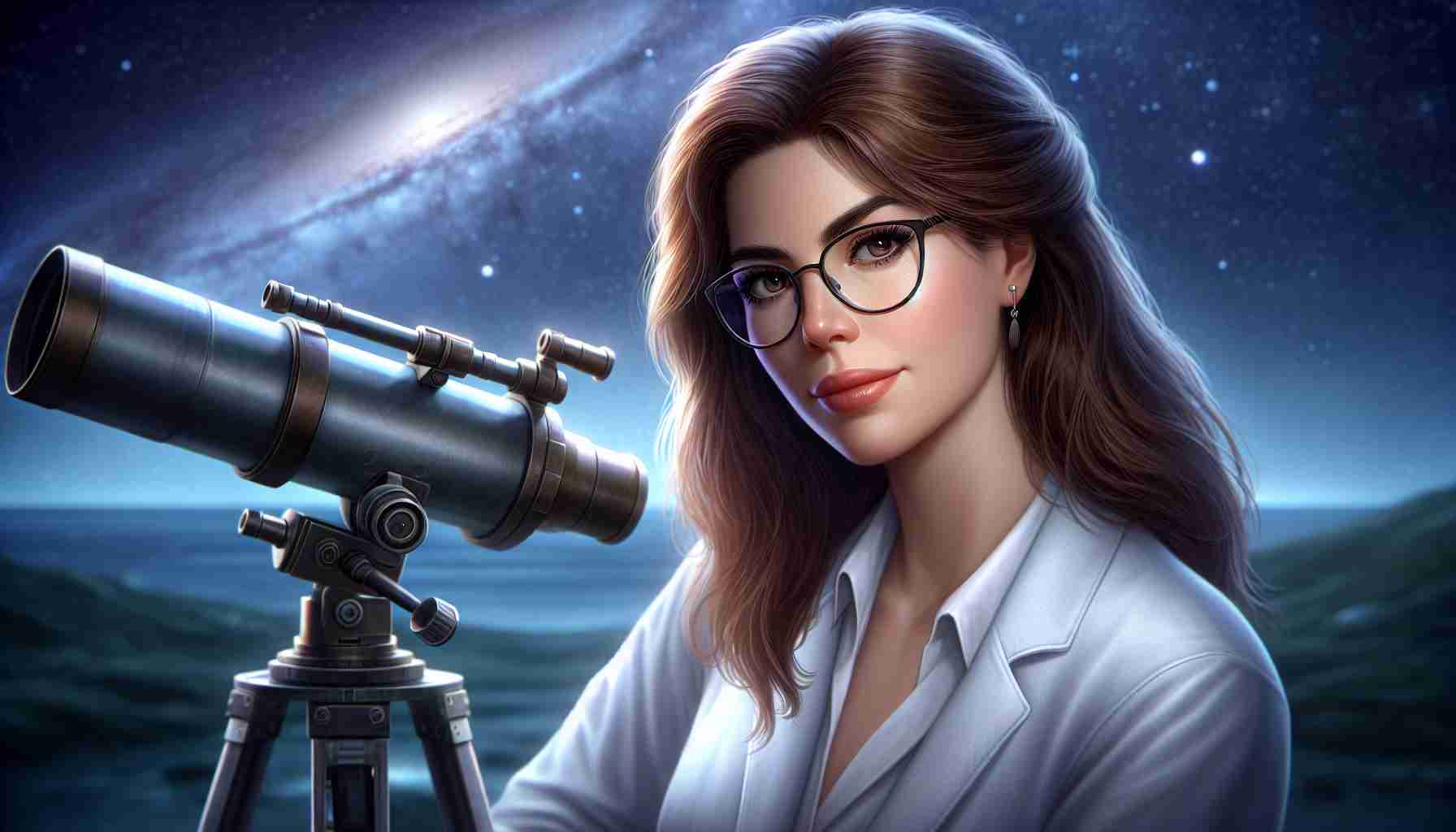 Realistic HD image of a woman, Diana, who is a pioneer in the field of astronomy communication. Diana is Caucasian with long brown hair and glasses, she is seen holding a telescope with a backdrop of a starry night sky. She is wearing a white lab coat signifying her profession. She has a confident expression on her face, highlighting her commanding presence in the field.