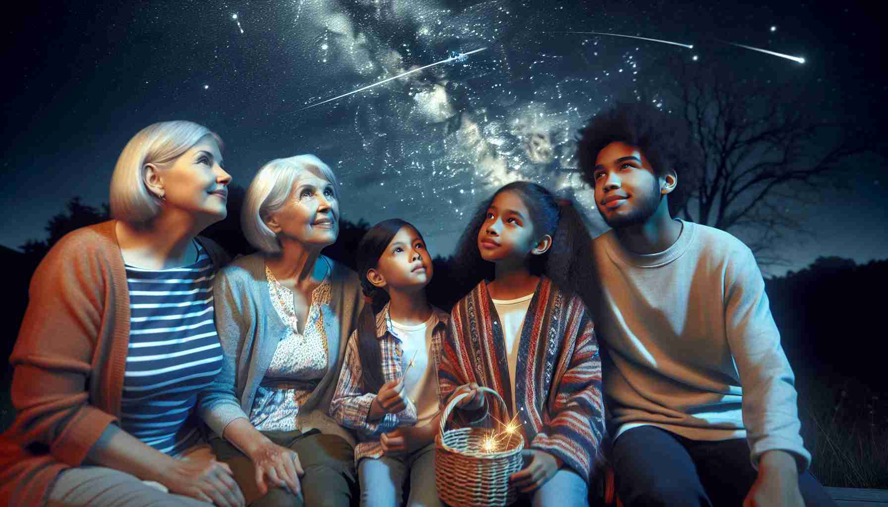 Create an enchanting and high resolution image of a family night outdoors. It shows a diverse group of people: A Caucasian grandmother with her Middle-Eastern grandson, an Hispanic father with his Black daughter, and a South Asian mother with her White son. They are all engrossed in the activity of stargazing, as they balance their family commitments. Rare celestial bodies, like shooting stars, comets, and far-off galaxies, are seen in the clear nighttime sky, adding to the charm of the family bonding scenario.