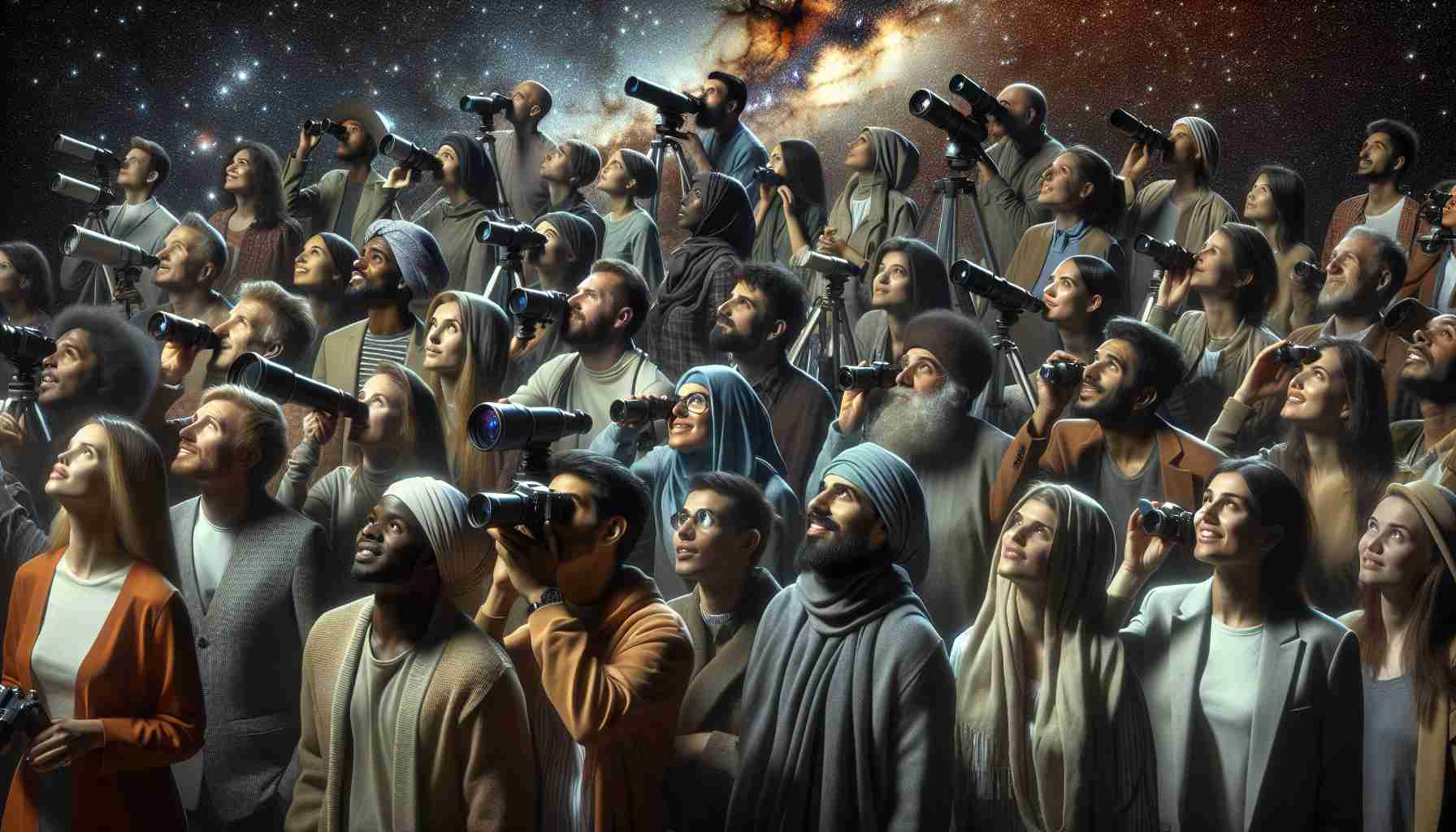 Realistic, high-definition conceptual image of a multi-ethnic group of men and women from various descents including but not limited to Caucasian, Hispanic, Black, Middle-Eastern, and South Asian. These people are engaged in exploring the wonders of the night sky. They are collectively known as a stargazing society, gathered in a northern region, presumably characterized by clear skies and less light pollution. Their excitement and fascination are visible as they glimpse at distant galaxies and constellations through their telescopes and binoculars.