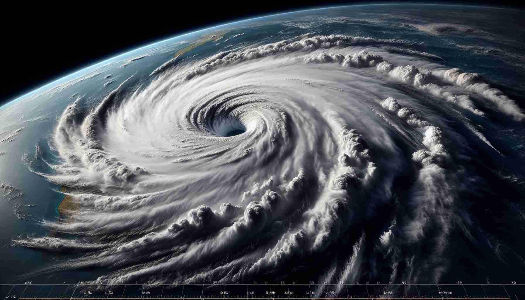 A hyper-realistic high definition image of a colossal hurricane named Marcella. The ferocity of this unprecedented storm is evident in its expansive eye and spiraling clouds, making meteorological experts astounded by its record growth rate. The image captures the awe-inspiring, yet terrifying power of nature's fury, depicted with dark and thick atmosphere in stark contrast to the bright blue ocean surface beneath. Radar mapping and meteorological data is overlayed on the image, indicating its scale, trajectory and intensity.