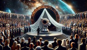 A meticulously detailed and high-resolution image of an event dedicated to advancing space exploration, specifically the unveiling of a grand telescope named 'Galactica'. The scene unfolds on a podium, where a cloth is being dramatically pulled away to reveal the state-of-the-art telescope. Many enthusiastic and multi-racial individuals from different genders, inclusive of Caucasian, Hispanic, Black, Middle-Eastern, South Asian, stand in awe of this masterpiece of technological innovation. The atmosphere is electric, the lighting, futuristic, and the awe in the eyes of onlookers, palpable.