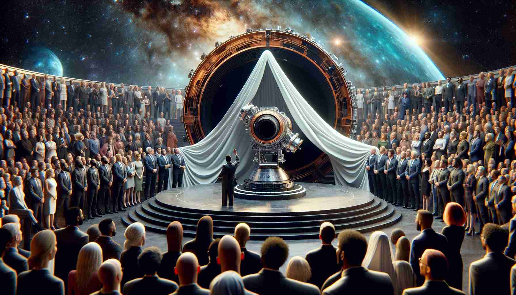 A meticulously detailed and high-resolution image of an event dedicated to advancing space exploration, specifically the unveiling of a grand telescope named 'Galactica'. The scene unfolds on a podium, where a cloth is being dramatically pulled away to reveal the state-of-the-art telescope. Many enthusiastic and multi-racial individuals from different genders, inclusive of Caucasian, Hispanic, Black, Middle-Eastern, South Asian, stand in awe of this masterpiece of technological innovation. The atmosphere is electric, the lighting, futuristic, and the awe in the eyes of onlookers, palpable.