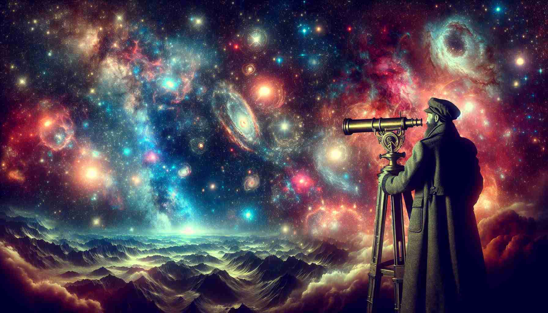 High definition image of an explorer, of Black descent, standing under a starlit sky, with pockets of dazzling nebulae and galaxies visible. The explorer is holding an antique brass telescope in hand, pointing towards the enigmatic cosmos. The vivid cosmic entities are alternating with areas of stark darkness for an approach to the mystery of the universe. A surrealistic vision featuring breathtaking constellations and celestial bodies that are enhancing the allure of the night sky.