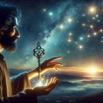 A highly detailed, realistic image that depicts the concept of unlocking the secrets of the night sky. The scene is set against the backdrop of starry twilight. In the foreground, a person of South Asian descent, holding an antique bronze key is reaching out to the constellation of Orion. The tranquility of the night is broken by shimmering lights indicating the secrets being unlocked. The Milky Way and various other constellations lend an air of mystery to the scene.