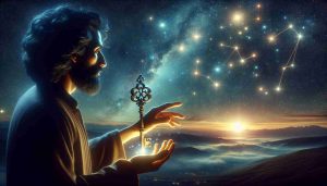 A highly detailed, realistic image that depicts the concept of unlocking the secrets of the night sky. The scene is set against the backdrop of starry twilight. In the foreground, a person of South Asian descent, holding an antique bronze key is reaching out to the constellation of Orion. The tranquility of the night is broken by shimmering lights indicating the secrets being unlocked. The Milky Way and various other constellations lend an air of mystery to the scene.