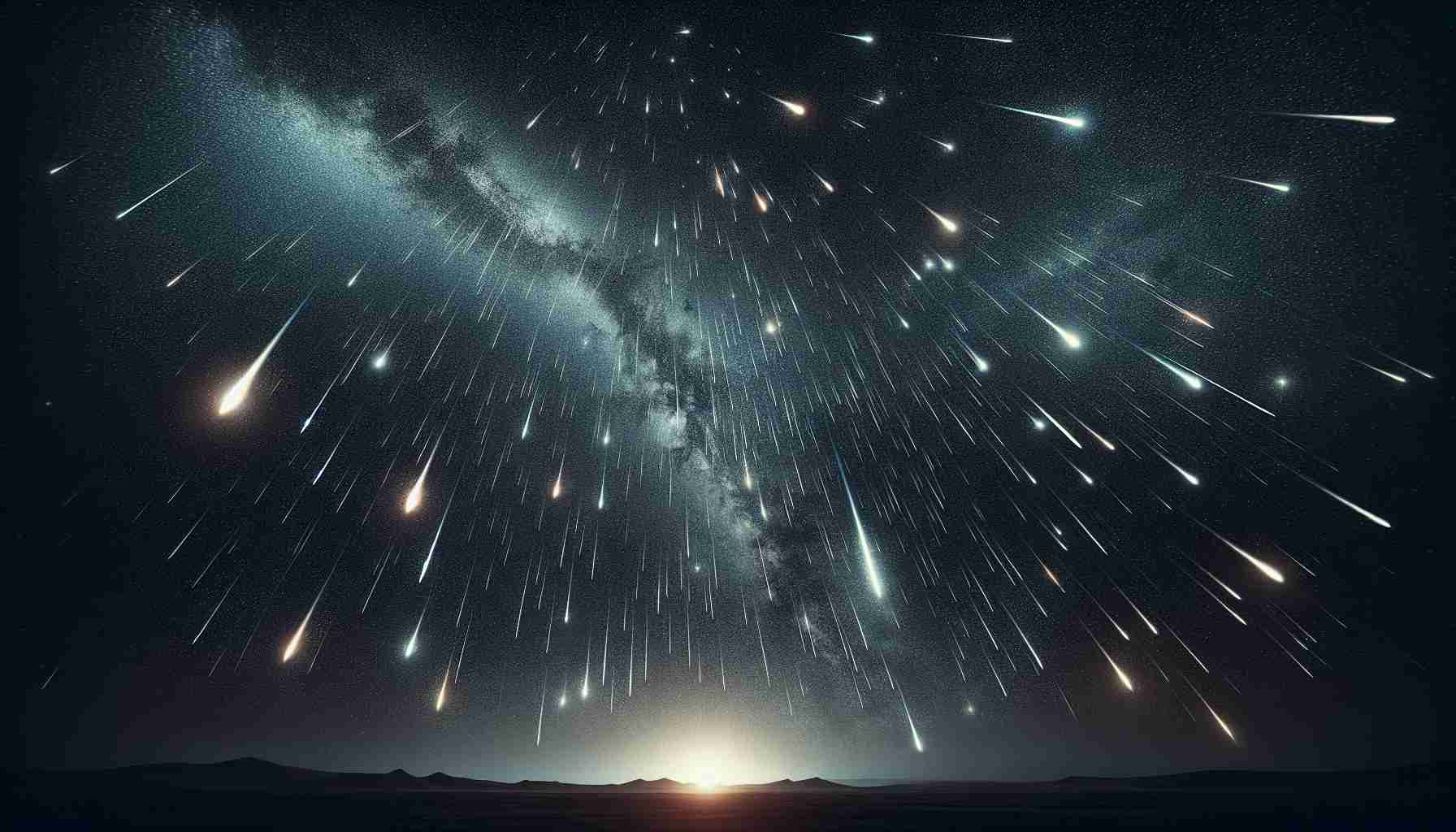 A high-definition photograph capturing the grand spectacle of the Orionid meteor shower. Thousands of meteors, originating from the constellation Orion, streak across a vast starlit sky. The occasional flash of brighter meteors contrasts the soft glow of distant stars. A barren, silhouetted landscape can be seen below, adding perspective to this incredible astronomical event.