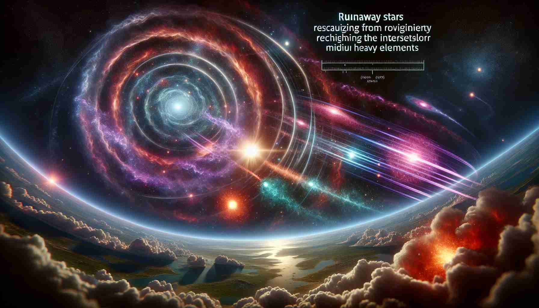 A high-definition, realistic image representing the concept of runaway stars revolutionizing cosmic evolution. The scene shows high velocity stars escaping from their original environments, conveying the idea of enriching the interstellar medium with heavy elements. The image should include stunning celestial objects like galaxies, nebulas, and colorful star clusters, suggesting the cosmic change and evolution in the universe.