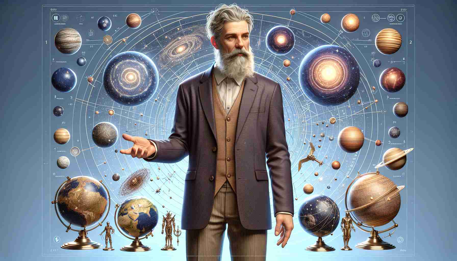 A high-definition, realistic illustration depicting a middle-aged man explaining the cosmic mysteries. He stands surrounded by a multitude of astronomical models, demonstrating various celestial bodies. The man should have medium build and wear a scholarly outfit, evoking a sense of deep knowledge and wisdom about the enigmatic cosmos.