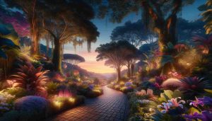 Create a realistic, high-definition image of an enchanting world of botanical gardens transitioning into dusk. The scene should be captivating, as the setting sun paints the sky in hues of twilight. There should be a wide array of exotic plants and flowers bedecking the scene, their petals and leaves bathed in the soft afterglow. The park's dimly lit, winding cobblestone paths invite exploration towards the horizon. Gentle shadows obscure the more distant foliage, giving the space a sense of mystery. Everywhere, the air is fragrantly laden with the scents of the diverse plantlife. Truly, a nature lover's paradise.