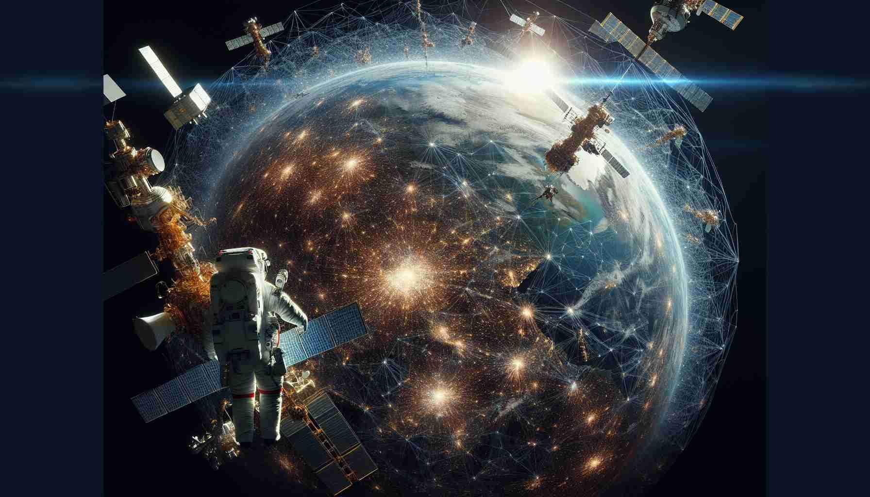 A high-definition image that realistically depicts the impact of mega-constellations on both Earth and space exploration. The lower half of the image presents an accurate view of the Earth from space, teeming with the intricate web of illuminated mega-constellations, a testament to human ingenuity. The upper half presents an astronaut, mid-spacewalk, gazing in awe as they take in this new era of space exploration, with satellites for scientific studies and communication swarming over them. Highlight a degree of obstruction in star-gazing due to the brightness of these artificial constellations.