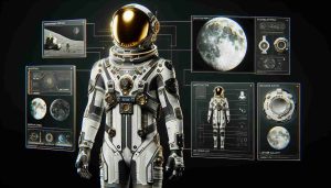 Craft a realistic HD photograph that portrays an innovative and fashion-forward spacesuit. This advanced suit is specially designed for lunar expeditions, showcasing cutting-edge technology and aesthetics. Imagine it having a streamlined silhouette that merges function with style. The suit should be detailed, with high-tech features essential for surviving the harsh lunar environment, such as a gold visor to protect against solar radiation, augmented reality interface within the helmet, and advanced life support system built into the suit. Additionally, add stylistic elements that define the suit as 'space chic', like metallic accents, sleek lines, and futuristic patterns.