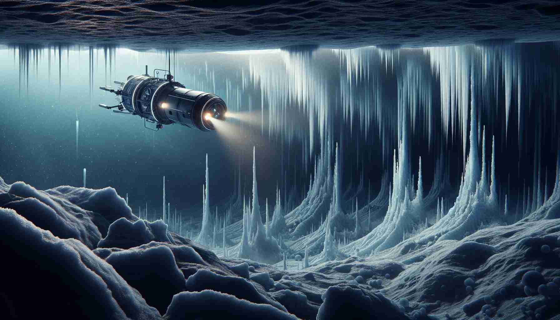 A realistic, high-definition image showing the exploration beneath the thick icy surface of Jupiter's moon, Europa. Picture a submersible robotic explorer, navigating through the dark waters filled with potential life forms, lit by the glow of the submarine's lights. Also, visualize towering ice structures, extending from the bottom to the icy roof, creating an alien landscape under the freezing conditions. Special attention should be given to the details, capturing the textures and colours of this extraterrestrial environment.