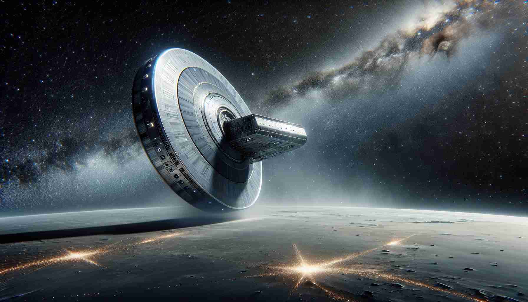 A high-definition, realistic representation of a monumental moment in space exploration. Depict a large, futuristic spacecraft, illustrating a significant achievement in its voyage. The scene unfolds against the background of the vast cosmos. The spaceship embodies advancements in space travel, presenting it as a symbol of a new era. The design is sleek and modern, made of polished metal, emanating an assertive silver glow. The ship is leaving a trail of star dust, signifying its recent launch or landing.