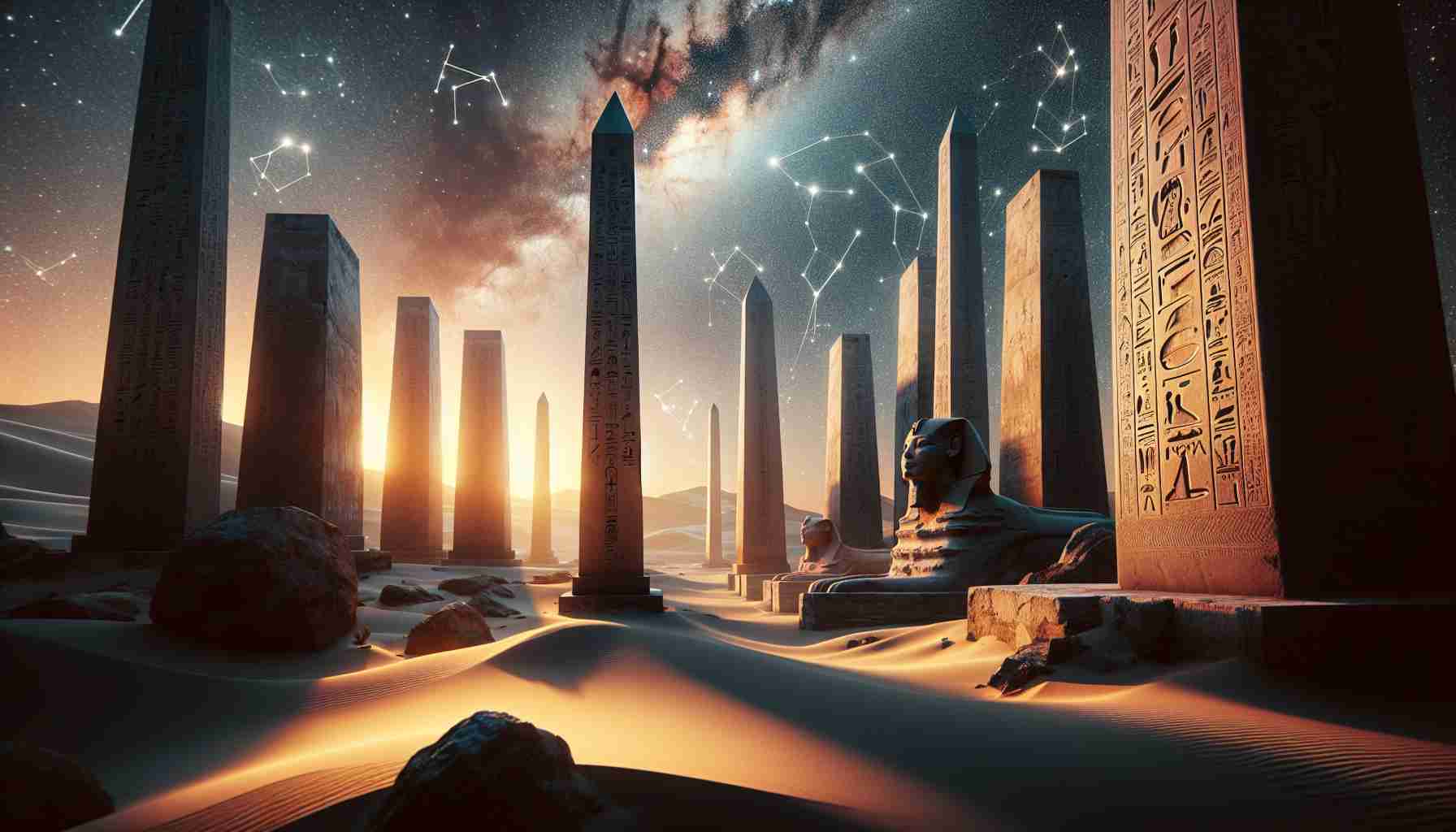 Generate a high-definition, realistic image of a scene that takes us back to ancient times, showcasing the mystery and wonder of astronomy practiced in the sandy deserts of ancient Egypt. Display clear skies studded with constellations and galaxies while in the foreground, majestic monuments and towering obelisks stand. They are possibly used as astronomical tools by the ancient Egyptians. Illuminate the scene with the soft glow of the setting sun, casting long shadows and adding depth and contrast, highlighting the intricate hieroglyphs etched into the stone structures.