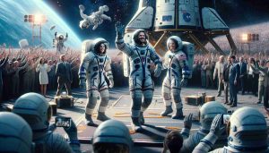 An ultra-high-definition, photorealistic image of the triumphant return of astronauts after a long-duration cosmic journey. The scene features a Caucasian male astronaut being greeted by his team, a Middle-Eastern female astronaut stepping onto the landing pad, and a South Asian male astronaut waving at the crowd. The landing module stands nearby with space-related paraphernalia strewn around it. Their faces are plastered with relief, joy and a sense of accomplishment. The background is a vibrant, overwhelming sight of media, engineers, and family members all celebrating their successful return.