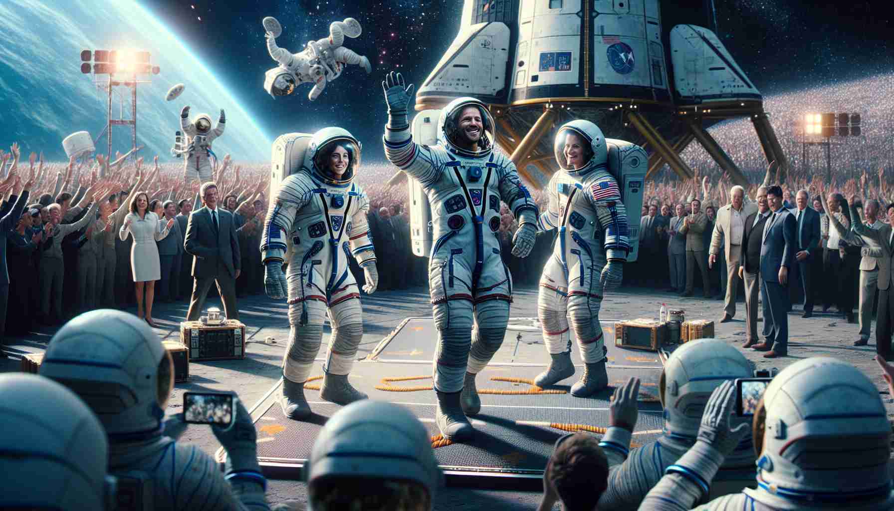 An ultra-high-definition, photorealistic image of the triumphant return of astronauts after a long-duration cosmic journey. The scene features a Caucasian male astronaut being greeted by his team, a Middle-Eastern female astronaut stepping onto the landing pad, and a South Asian male astronaut waving at the crowd. The landing module stands nearby with space-related paraphernalia strewn around it. Their faces are plastered with relief, joy and a sense of accomplishment. The background is a vibrant, overwhelming sight of media, engineers, and family members all celebrating their successful return.