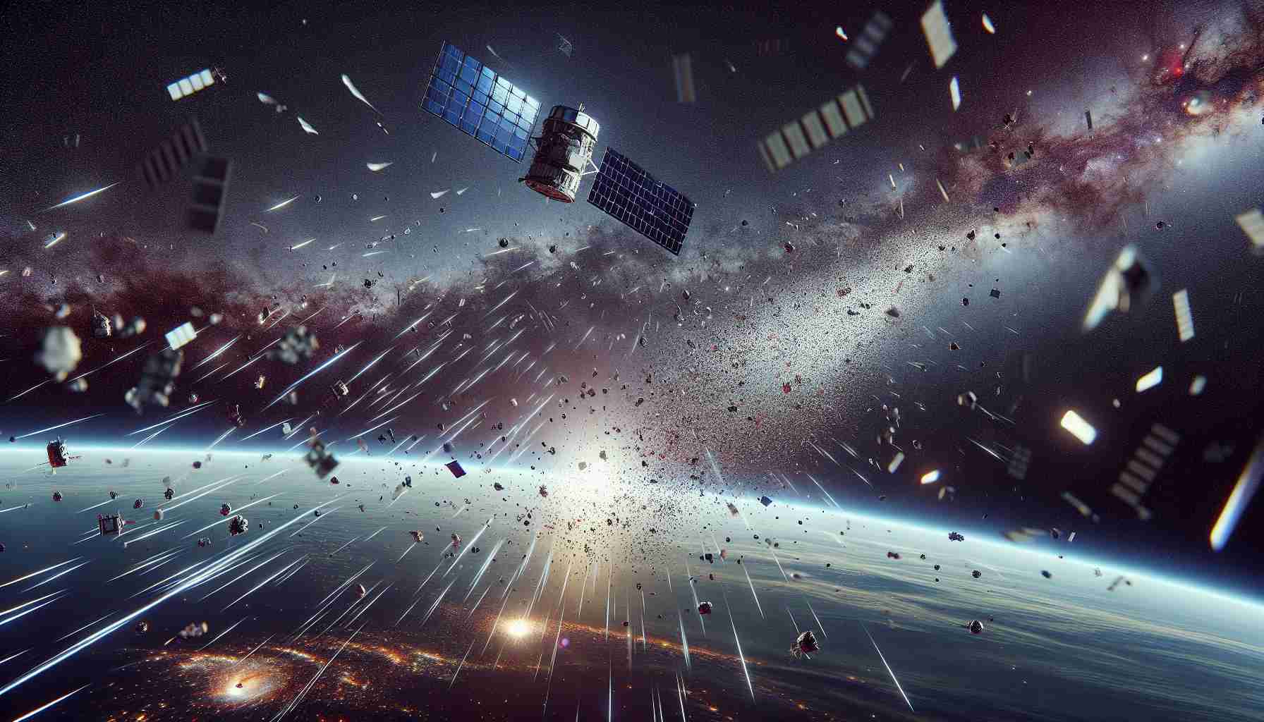 A realistic, high definition image showcasing the concept of space debris threatening satellite communication networks. This would include satellites in space with visible signals represented as lines or beams of light between them. Flying around and near these satellites, there should be lots of floating debris, creating a sense of danger, especially if they are on course to collide with the satellites. The backdrop should be the impressive cosmic scenery with stars and galaxies. Here, the important detail is to accurately depict the threat of space debris to satellites, our lifeline for communication.