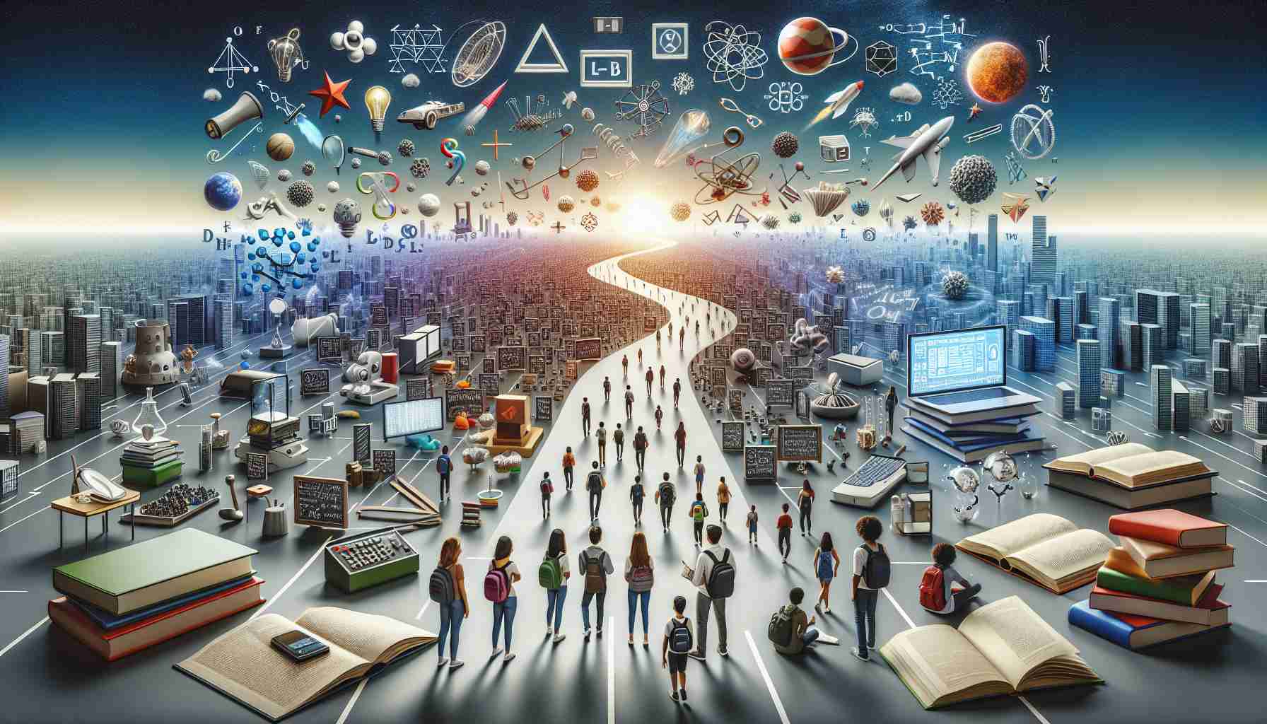 A high-resolution realistic image depicting the concept of expanding horizons in STEM education. The image includes various elements associated with science, technology, engineering, and mathematics. The picture is brimming with textbooks, lab equipment, 3D geometrical shapes, digital devices, and abstract symbols representing algorithms or mathematical equations. It visualizes the idea of limitless possibilities, showing paths extending into a horizon filled by symbols and icons of STEM disciplines. Diverse students—a Caucasian female, a Hispanic male, a Black female, a Middle-Eastern male, a South Asian female, and a White male—engage with these components, exploring and innovating amidst this advancing educational landscape.