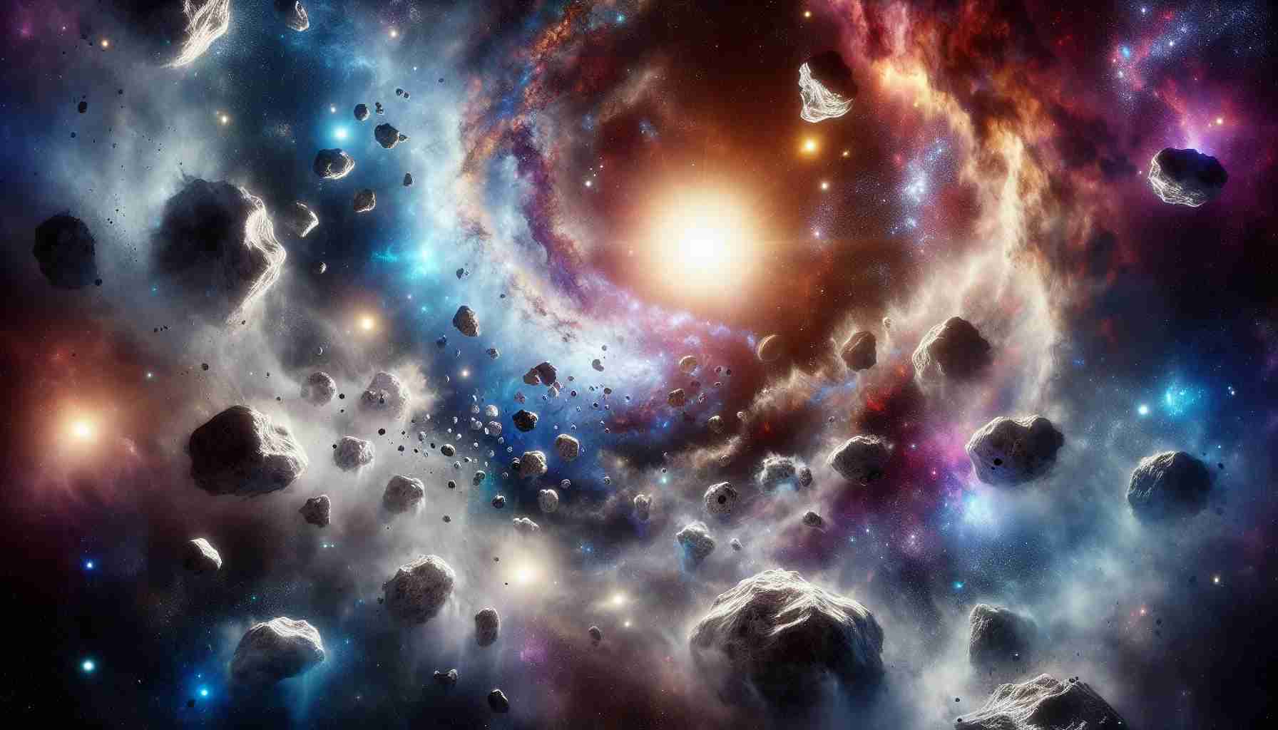 Create a highly detailed, realistic HD representation of the stellar cosmos in a state of chaos. Picture a scene where cosmic wanderers such as asteroids, comets, and rogue planets roam wildly. Display the presence of massive stars, nebulae, and galaxies in the background, highlighting the vastness and complexity of the universe.