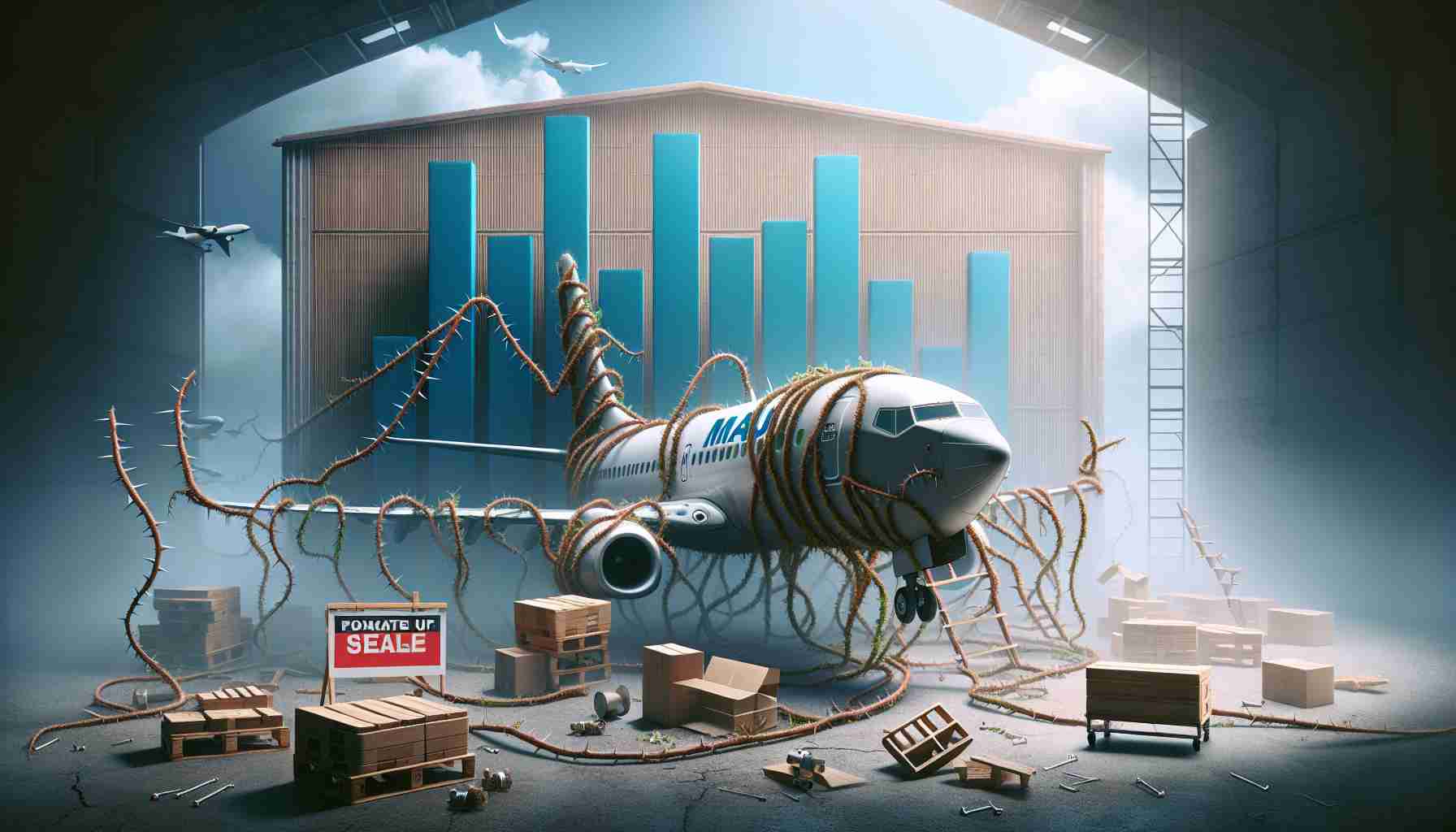 Generate a high-definition image that portrays a conceptual scene alluding to the financial struggles of a major airplane manufacturing company. The scene should consist of metaphorical elements such as the company's logo being entangled in thorny vines, a bar chart depicting declining sales, and a plane stored in a hangar with a 'for sale' tag on it.