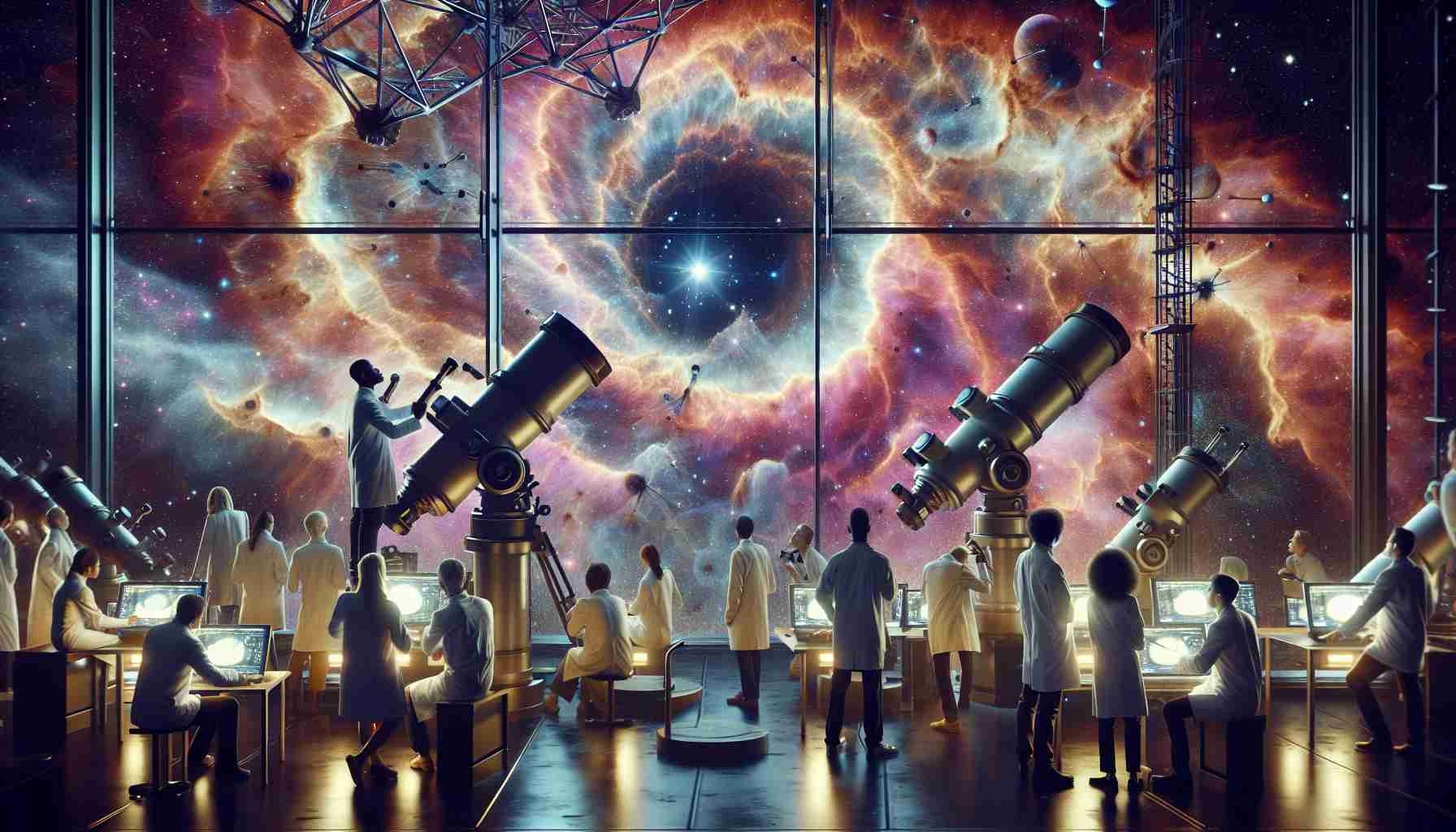 Generate a high-definition, realistic image depicting astronomers discovering unusual phenomena within the remnants of an ancient supernova. The scene could feature a group of diverse astronomers, both male and female, each of various descents such as Caucasian, Hispanic, Black, and Middle-Eastern, huddled around sophisticated telescopes and monitors in a high-tech observatory, fixated on the colorful, sprawling nebulous formations of the supernova residue emanating from their screens. The air around them is charged with anticipation and wonder as they uncover the strange occurrences within the celestial spectacle.