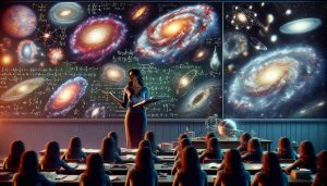 Realistic, high-definition image of a journey: it begins with a South Asian female astronomy lecturer teaching in a classroom, surrounded by chalkboards filled with formulas, intricate cosmological models, and telescopic images. The scene slowly transitions into an intergalactic visionary adventure, with the same woman boldly traveling through a dazzling array of galaxies, stars, and nebulae. Each celestial body she encounters is brimming with vivid colors and glowing with the intensity of a billion suns.