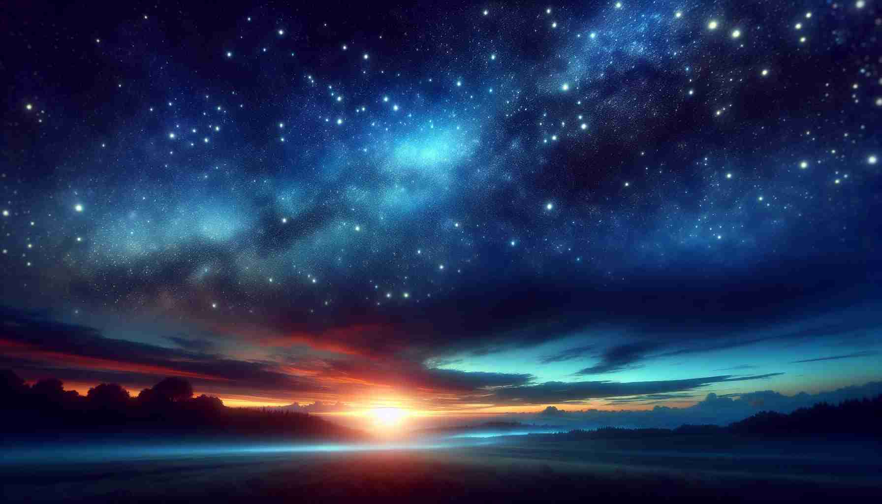 An exquisite, hyper-realistic image of an awe-inspiring evening under the starlit sky. The scene captures radiant celestial bodies sprinkling the vast, navy blue expanse above, combining with the soft glow of the disappearing sun to paint a picturesque landscape of vibrant hues. The serene environment is further enhanced by a faint silhouette of lush trees in the distance, the chirping of crickets, and the enthralling feeling of cool, crisp air brushing against one's face. This outstanding depiction should bring forth a sense of tranquility, and the magic of a night spent under a gleaming, star-studded sky.