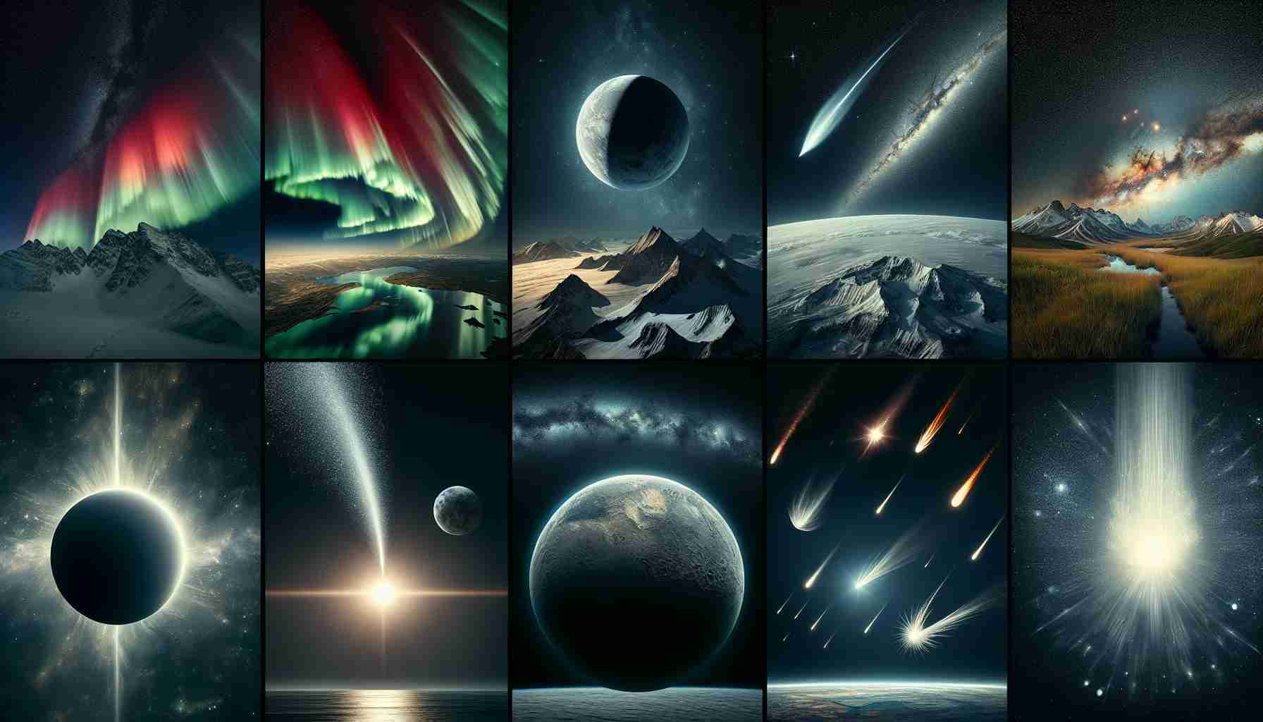 A highly detailed and realistic view of various captivating celestial phenomena as observed around the world. Display the wonder of a sprawling aurora borealis against the inky black sky, a meteor shower streaking across the horizon, a lunar eclipse draping the moon in shadow, and a comet blazing a trail of light, all perfectly captured in a single image. Display the diversity of these phenomena from different geographical locations, from the Northern to the Southern Hemispheres, from deserts to tundras and everything in between.