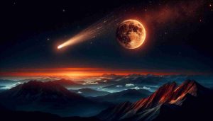 Create a hyper-realistic, high-definition image depicting a nighttime sky celebration. The scene is highlighted by the occurrence of two astronomical phenomena – a full Hunter's Moon, large and glowing orange, positioned high in the inky black sky, and a dazzling comet streaking across the sky, leaving a shimmering trail of star dust in its wake. Emphasize the sharpness of details and the vibrant colors to provide a feeling of being a part of the scene and experiencing the majesty of the cosmos.