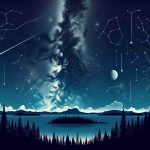 Create a detailed and high definition image capturing the magic of the night sky in Minnesota. It should feature mesmerizing views of the Milky Way, visible constellations, and perhaps a distant comet. Accentuate the image with silhouettes of Minnesota's well-known landscapes, including its lakes, woods, and rolling hills.