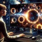 An astronomer, a Caucasian female, stands in front of a computer screen displaying state-of-the-art brilliant images of newly discovered planets. The image quality is High Definition and the visual appears so realistic as if one could reach out and touch the digital planets. The background is filled with the radiant gleam of brilliant stars, interspersed with many other celestial bodies, all contained in the vast, seemingly infinite universe.