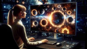 An astronomer, a Caucasian female, stands in front of a computer screen displaying state-of-the-art brilliant images of newly discovered planets. The image quality is High Definition and the visual appears so realistic as if one could reach out and touch the digital planets. The background is filled with the radiant gleam of brilliant stars, interspersed with many other celestial bodies, all contained in the vast, seemingly infinite universe.