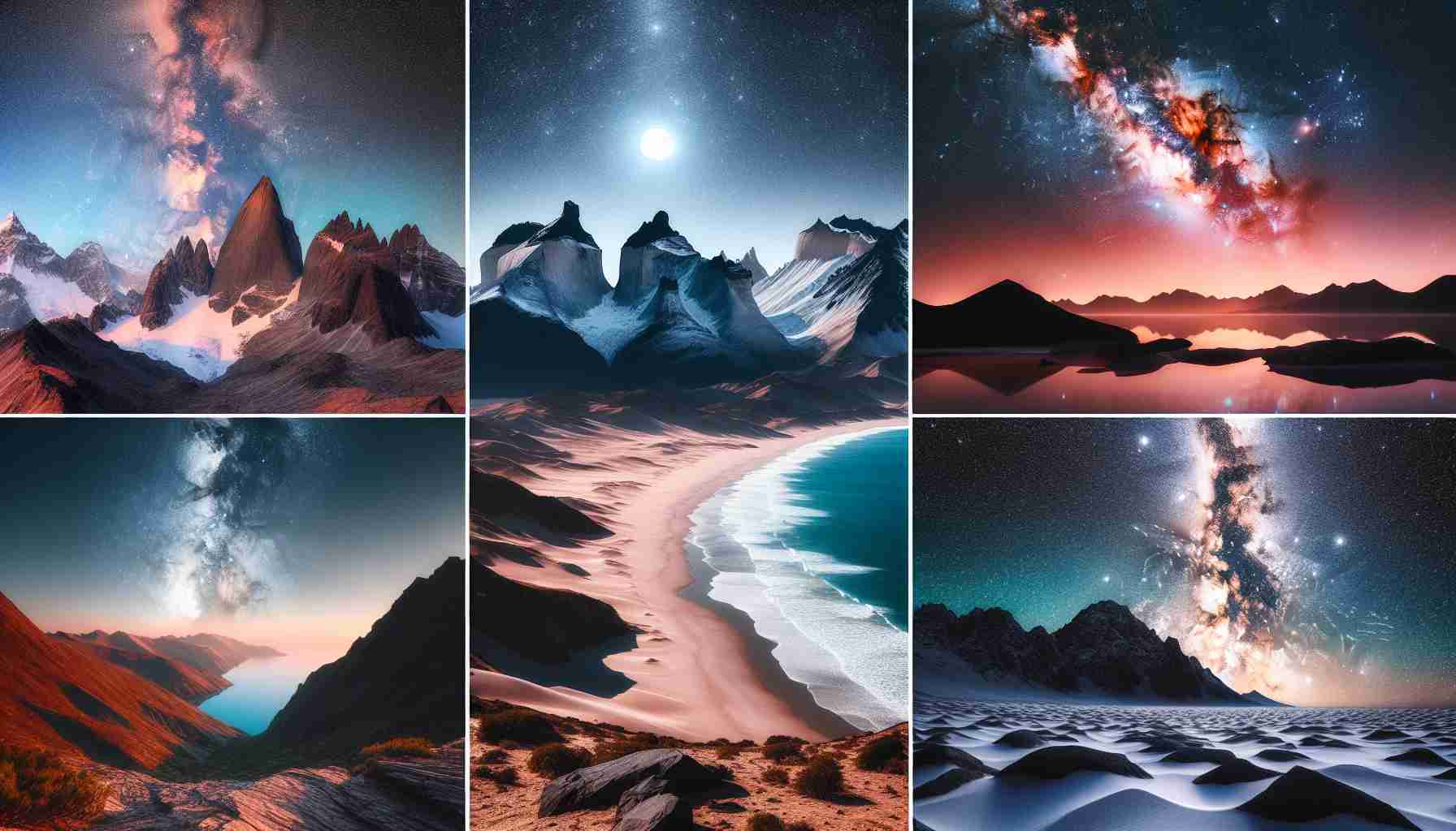 Detailed and high-definition image of unique and unexpected locations from where one can experience an amazing celestial spectacle. This should include places such as rugged mountain tops under a night sky filled with stars, an eerily quiet desert bathed in moonlight, or a serene beach with a clear view of the Milky Way galaxy.