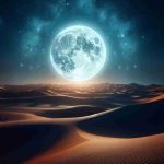 Create a realistic, high-definition image depicting an enchanting sight of the moon, referred to here as the 'Lunar Delight', in the night sky above an Arabian desert. The scene should exhibit the serene beauty of the desert at night, with clear skies revealing the brilliance of the moon and the stars. The moon should be depicted as unusually large, casting a haunting, ethereal glow on the desert sands below. The unique beauty of this lunar spectacle should convey a sense of enchantment.