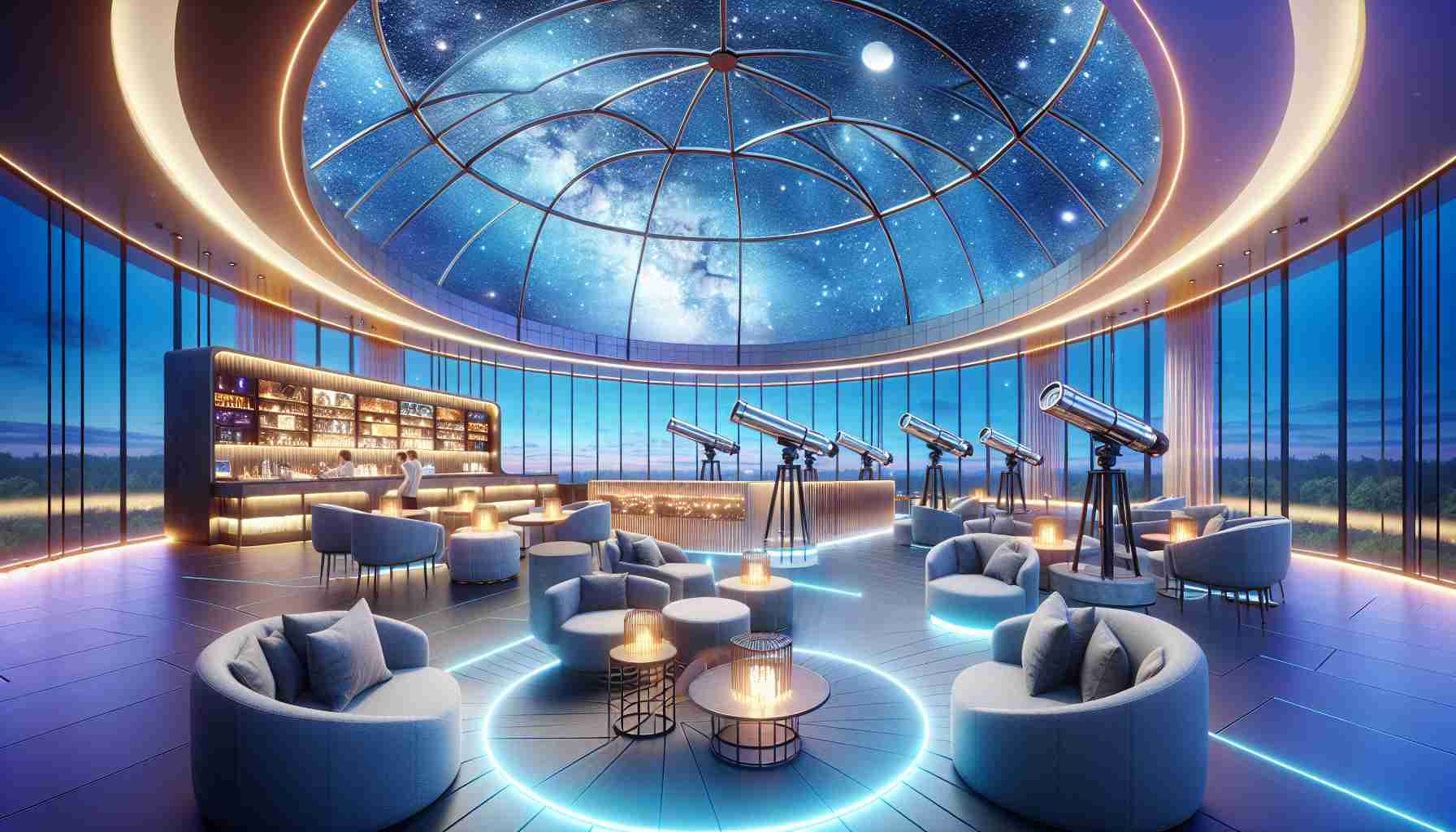 A high-definition and realistic image of a newly unveiled Sky Lounge at a popular science center. The lounge features a glass dome ceiling that provides a breathtaking view of the sky. It's decked out with modern, comfortable furnishings, a variety of interactive exhibits relating to astronomy, and softly glowing neon lighting to enhance the ambiance. To further enrich the experience, the lounge also includes several high-powered telescopes for stargazing activities.