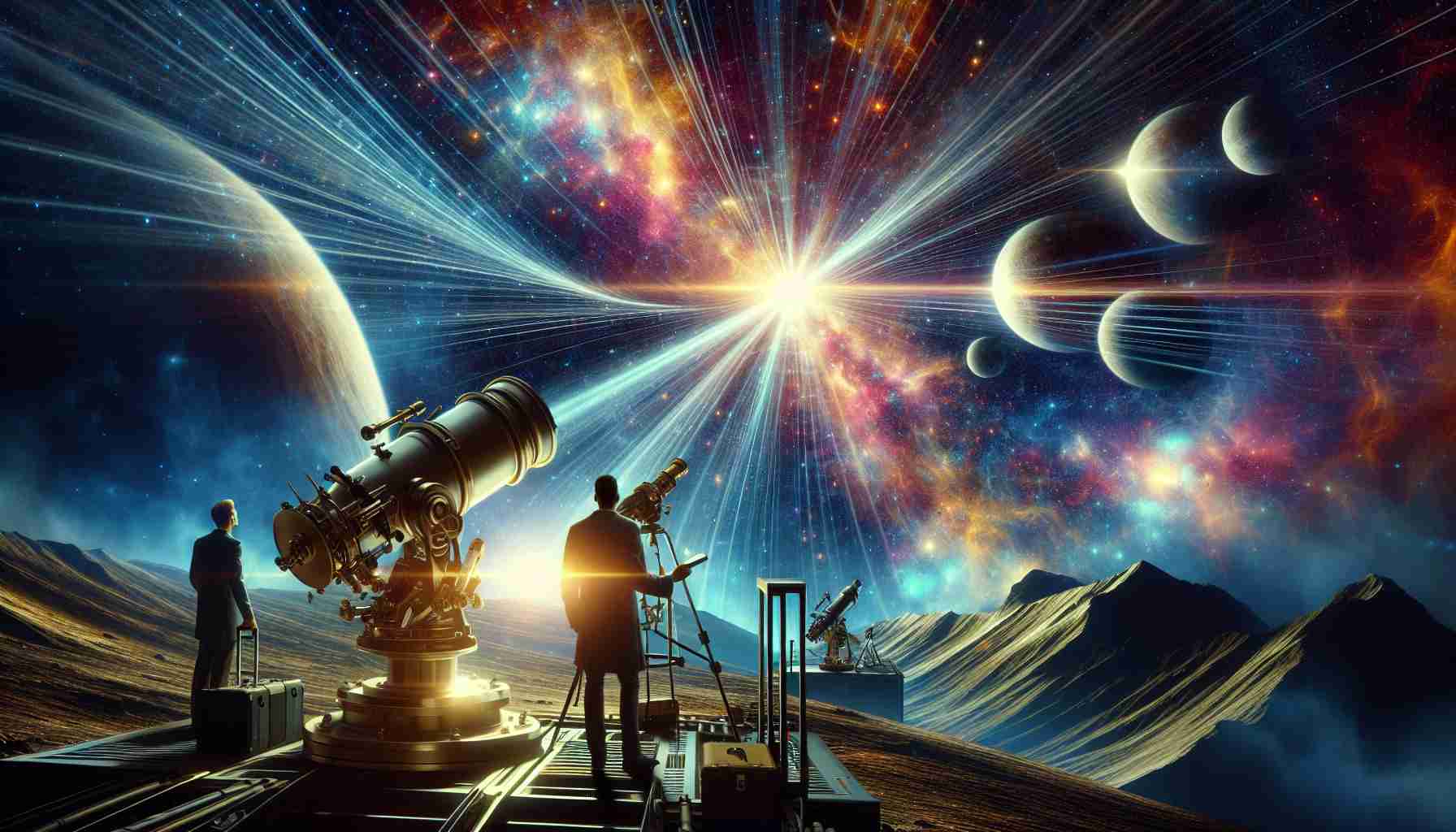 Produce an HD image that realistically depicts the exploration of the mysterious origins of celestial beacons. The scene should illustrate a vast cosmic landscape showing celestial beacons in various stages of formation, shedding vibrant light across the cosmos. Astronomers wielding high-tech equipment in the forefront, deducing the complexities of these enigmatic origins. Position these astronomers, a South-Asian male and a Hispanic female, in a manner that shows their awe and excitement as they uncover new truths. The perspective should be wide, capturing the grandeur of space and the minuscule, yet significant presence of humans within it.