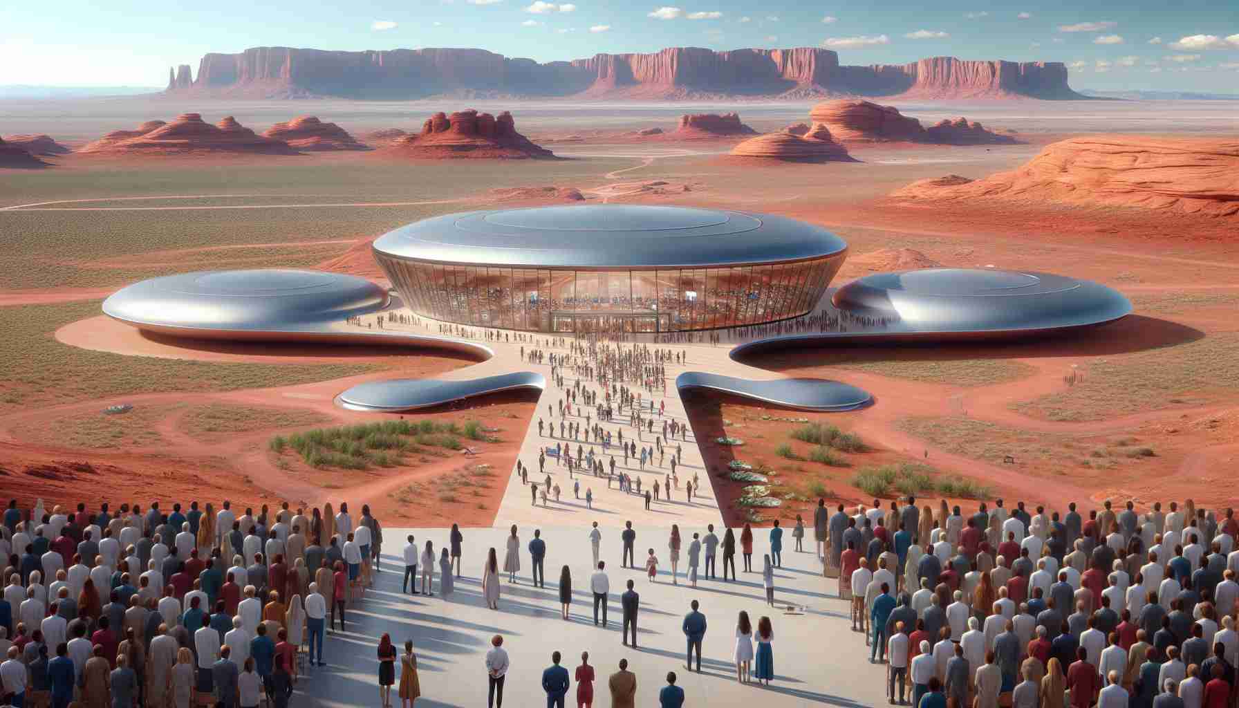 Generate a realistic, high-definition photo showcasing the inauguration of a futuristic and state-of-the-art space center located in Northern Arizona. Display the landscape around the center to emphasize the setting in a desert environment with distant red sandstone formations. Focus on the architecture of the space center, which should be extraordinary and futuristic in design, exhibiting the modern-age of space exploration. Include many excited people of diverse descents and genders witnessing the grand opening.