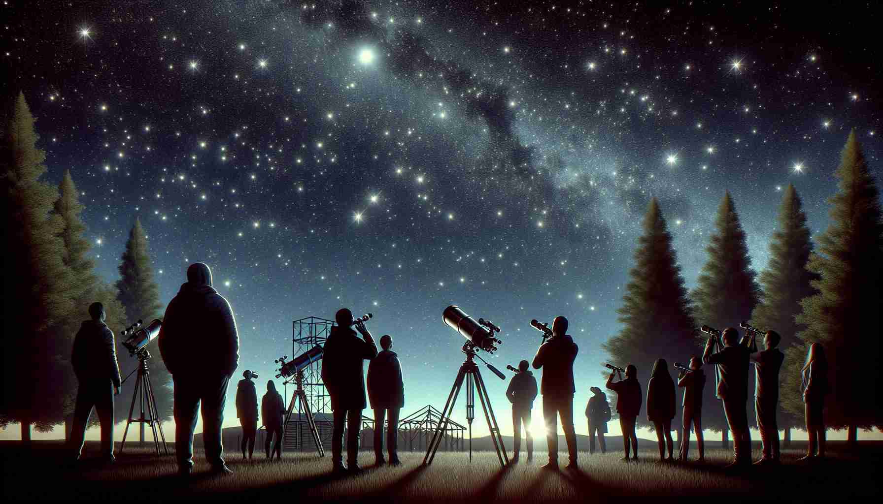 A realistic high-definition image depicting a stargazing event at a picturesque public park resembling Cascade Township Park. It's a clear, dark night with stars sprinkling the vast sky. Amateur astronomers, diverse in both gender and descent including but not limited to Caucasian, Hispanic, Black, Middle-Eastern, South Asian individuals, gaze upwards in awe, equipped with telescopes and binoculars. The individual standing silhouettes with trees and structures in the background add to the serene and contemplative atmosphere.