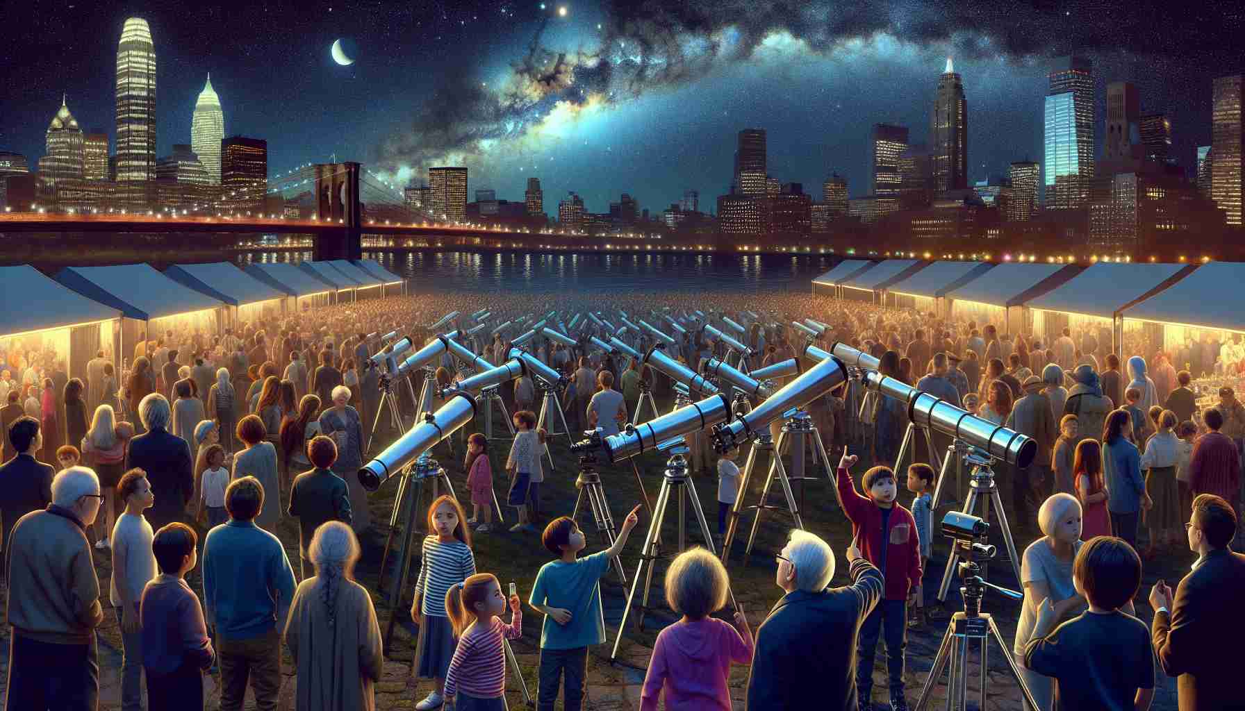 Generate a high-definition, realistic image of an 'Enchanting Night Sky Event' taking place in a city-like environment, believed to be New Haven. Imagine it as a grand gathering under a starlit sky, with hundreds of people of various genders and from different descents such as Caucasian, Hispanic, Black, Middle-Eastern, South Asian, White. The night sky should be brimming with stars and maybe even a view of the Milky Way, while the city's light pollution is minimally visible. Multiple telescopes should be arranged for people to observe the celestial spectacle, alongside stands offering space-themed merchandise. Different age groups range from children excitedly pointing towards the stars to elderly astronomers imparting their knowledge to the younger generation.