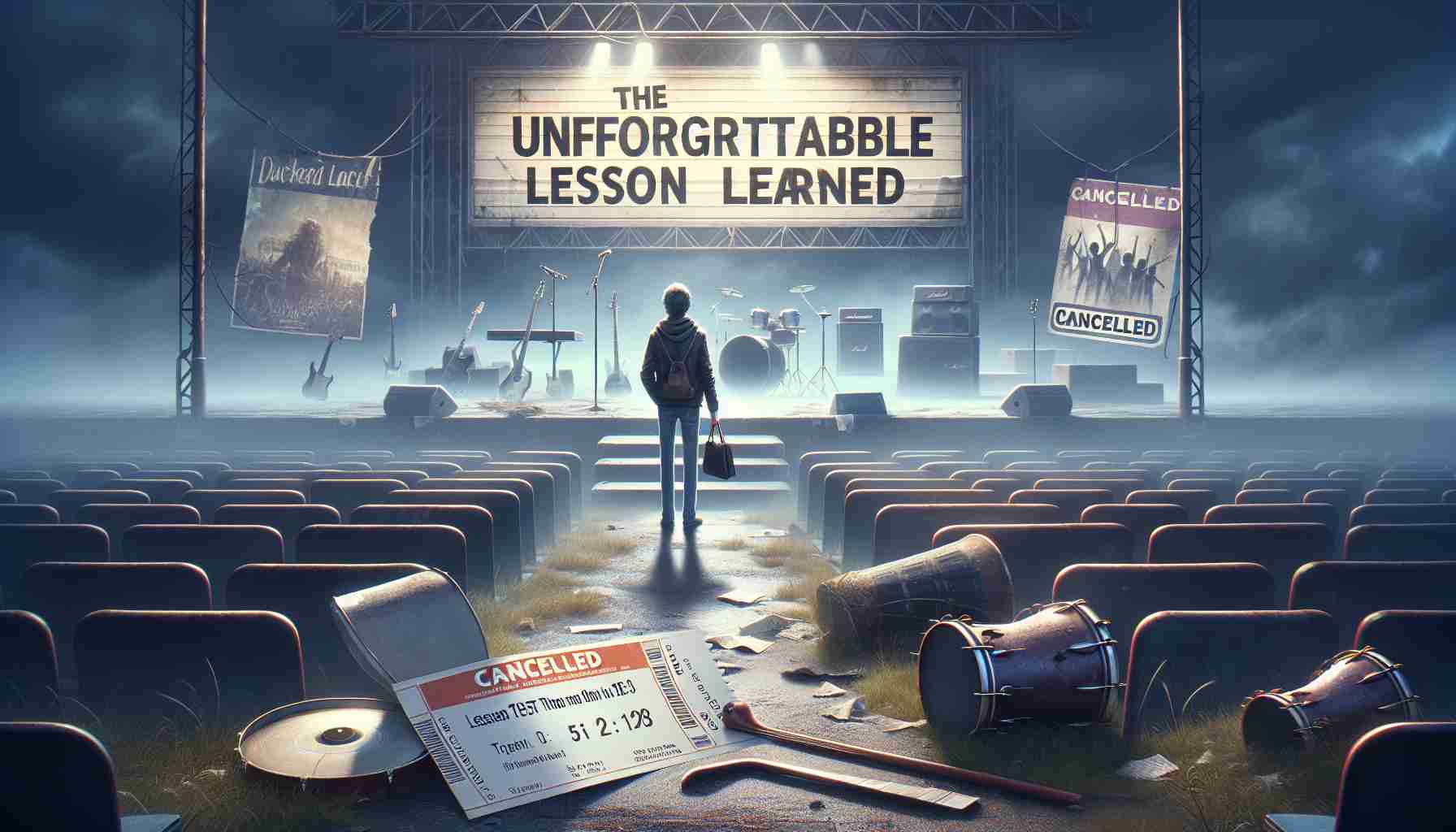 Generate a realistic HD image that tells a story narrating an unforgettable lesson learned through the cancellation of a music concert. This could include abandoned musical instruments on the stage, empty seats, cancelled posters with a melancholic atmosphere in the background, a solitary figure holding a ticket looking at the deserted concert area with a sorrowful expression, symbolizing the disappointment and the unforgettable lesson learned.