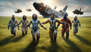 High-definition realistic image of a diverse team of astronauts, consisting of a South Asian woman, a Hispanic man, a Black woman, and a Caucasian man, exuding joy and relief as they successfully return to Earth. Their spaceship, covered in scorch marks and still smoking from the atmospheric re-entry, is visible in the background. They are standing on a verdant, sunlit field, and in the distance, recovery helicopters can be seen approaching. The immense relief of survival and the anticipation of a hero's welcome is palpable in their expressions.