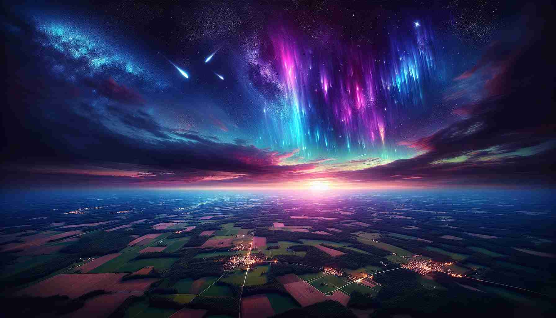 A high-definition, realistic image depicting an unusual celestial event capturing the attention of various locations across the state of Kentucky. The sky is lit with brilliant hues, potentially ranging from vivid purples to shimmering blues, with stars twinkling amidst these cosmic colors. The landscape is terrestrial and familiar, yet it's imbued with an aura of wonder as the locals gaze upwards, absolutely mesmerized by the extraordinary sky spectacle.