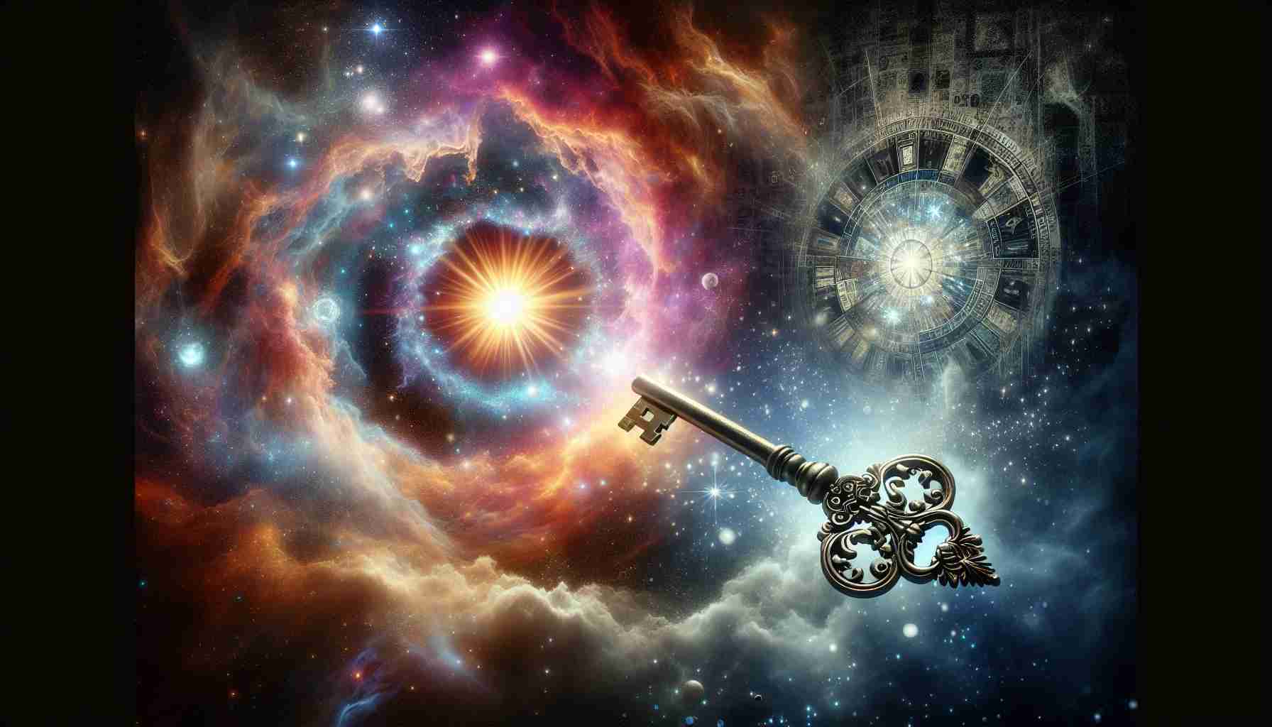 Generate a highly detailed, realistic image that represents the concept of unlocking mysteries of the early universe. The scene could include elements such as celestial bodies, galaxies, radiant nebulae, and interstellar particles. Maybe also depict an ancient ornate key symbolising the 'unlocking' aspect, turning in a cosmic keyhole. The image should aim to infuse a sense of immeasurable space, mystery, and wonder as associated with the early universe.