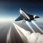 High-definition, realistic image of a successful test flight of a futuristic spaceship, showcasing a critical advancement in outer space exploration. The spaceship is sleek and well-engineered, soaring high in the clear blue sky, leaving a trail of smoke behind it. The ground below is a blur due to the high speed. The image encapsulates the thrill, triumph, and progress of modern interstellar travel.